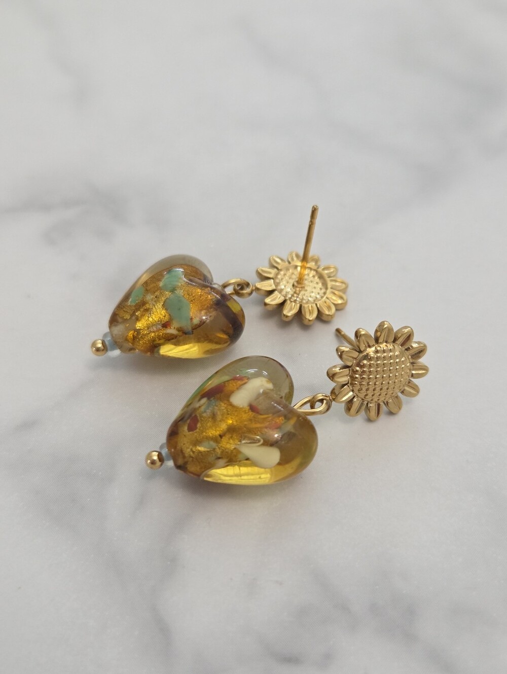 Gold Sunflower Amber Heart Dangle Drop Earrings Stainless Steel Boho Jewelry - Picture 4 of 13